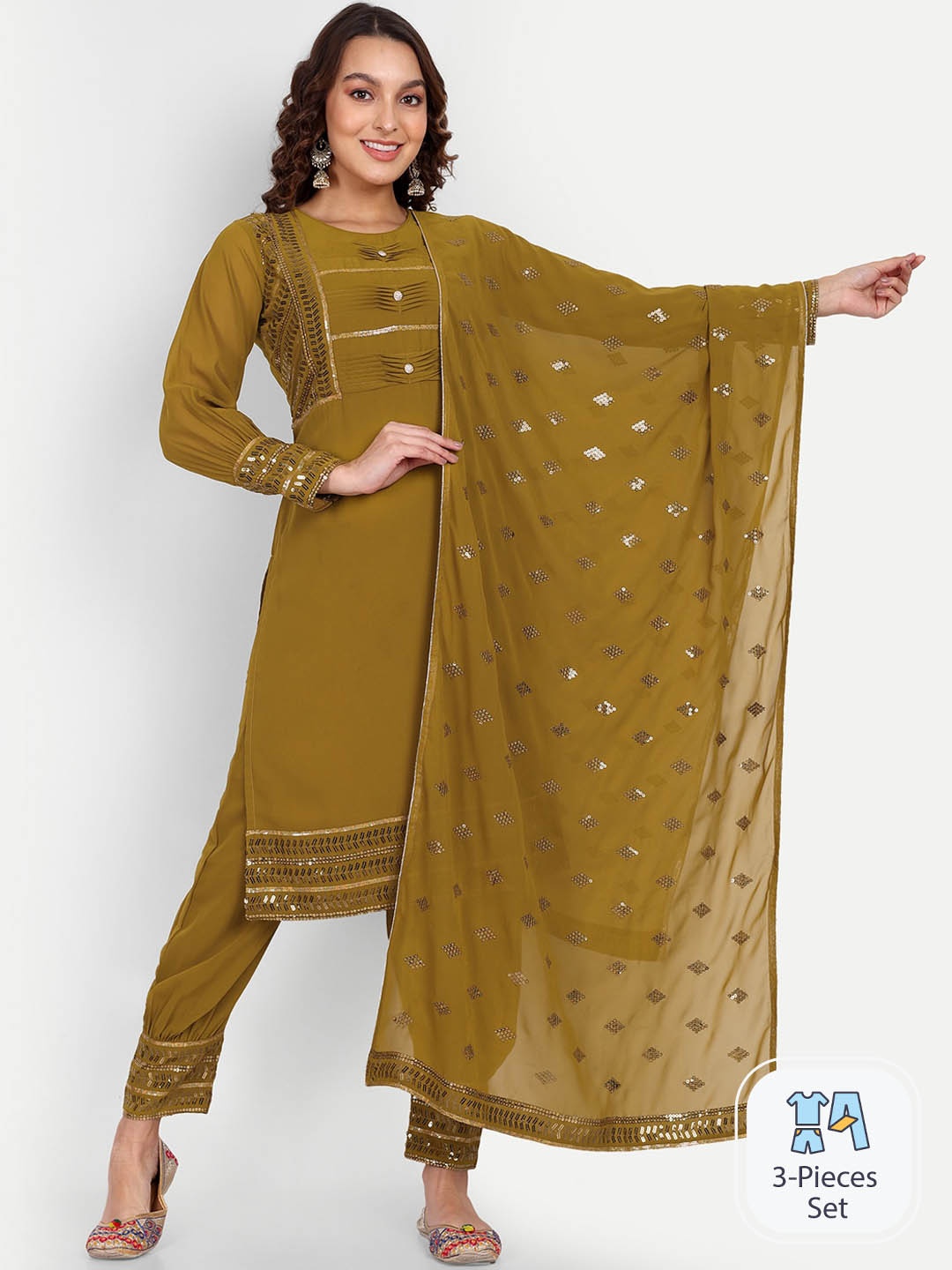 

Growish Sequinned Pleated Straight Georgette Kurta with Trousers & Dupatta, Green