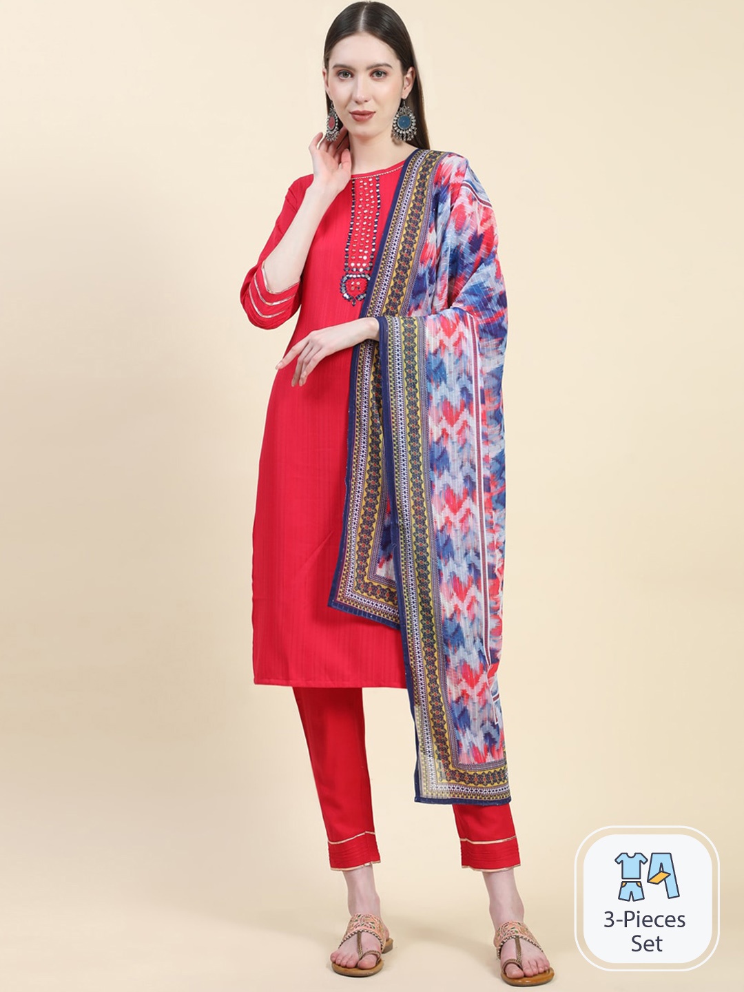 Growish Striped Mirror Work Straight Kurta & Trouser With Dupatta, Red