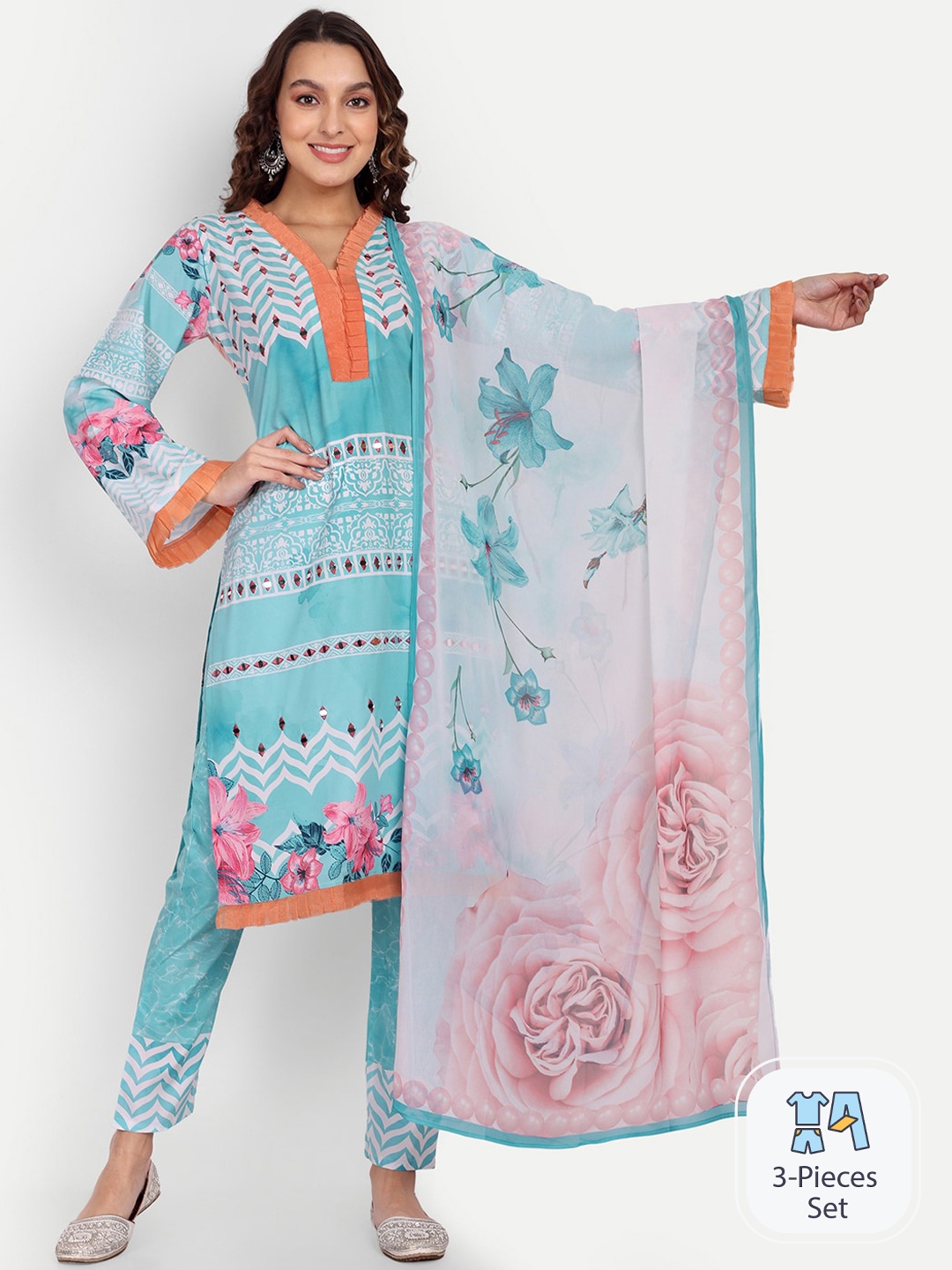 

Growish Floral Printed Mirror Work Silk Chiffon Kurta with Trousers & Dupatta, Blue