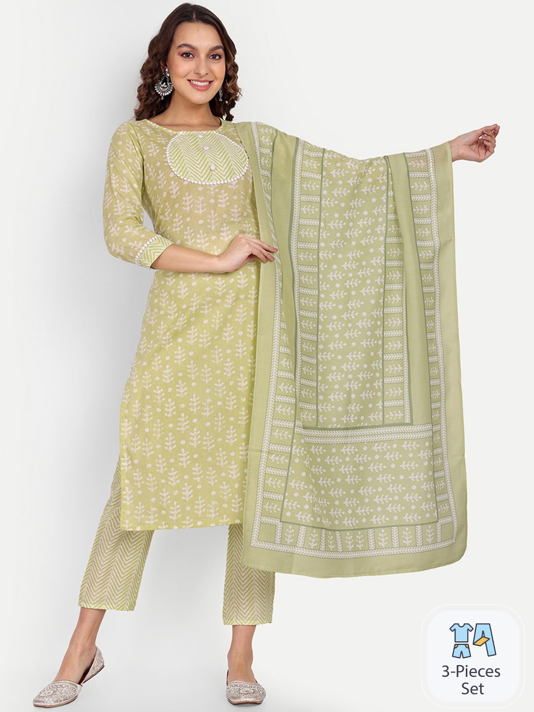 

Growish Ethnic Motifs Printed Regular Kurta With Trousers & Dupatta, Green