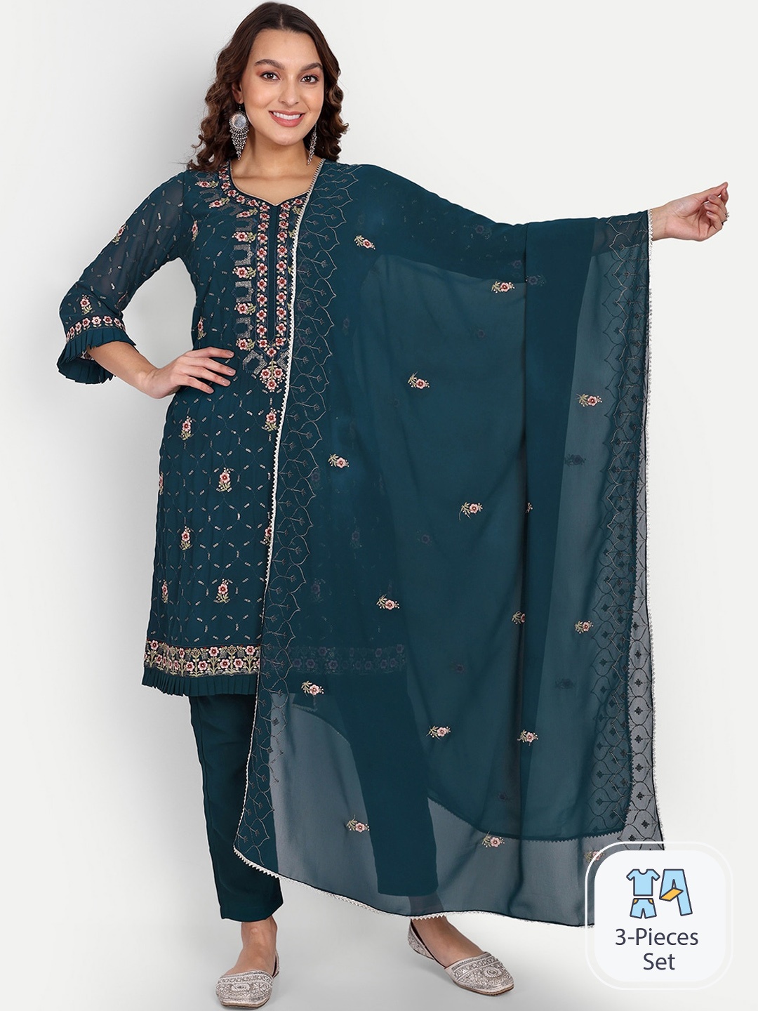 

Growish Floral Embroidered V-Neck Sequinned Straight Kurta & Trouser With Dupatta, Turquoise blue