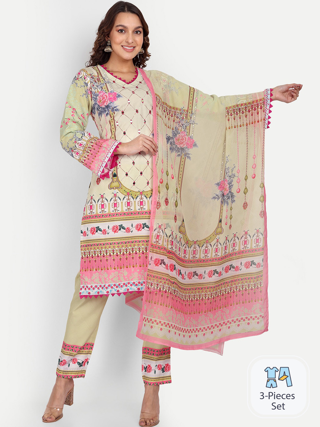 

Growish Floral Printed Mirror Work Silk Chiffon Kurta With Trousers & Dupatta, Yellow