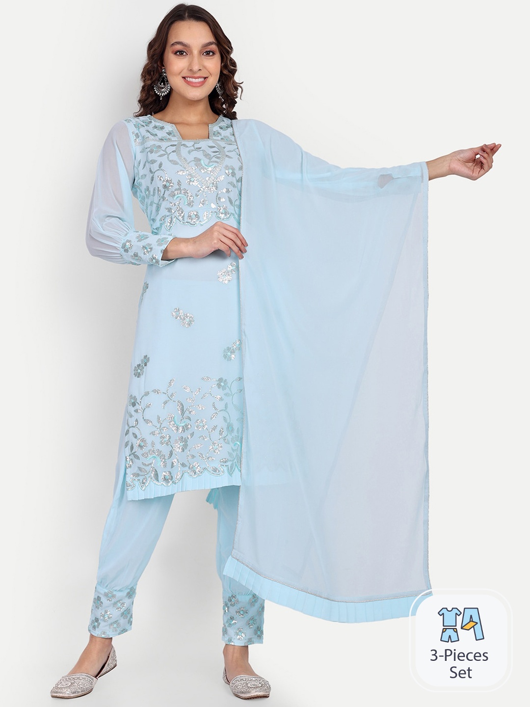 

Growish Floral Embroidered Sequinned Straight Kurta & Trousers With Dupatta, Blue
