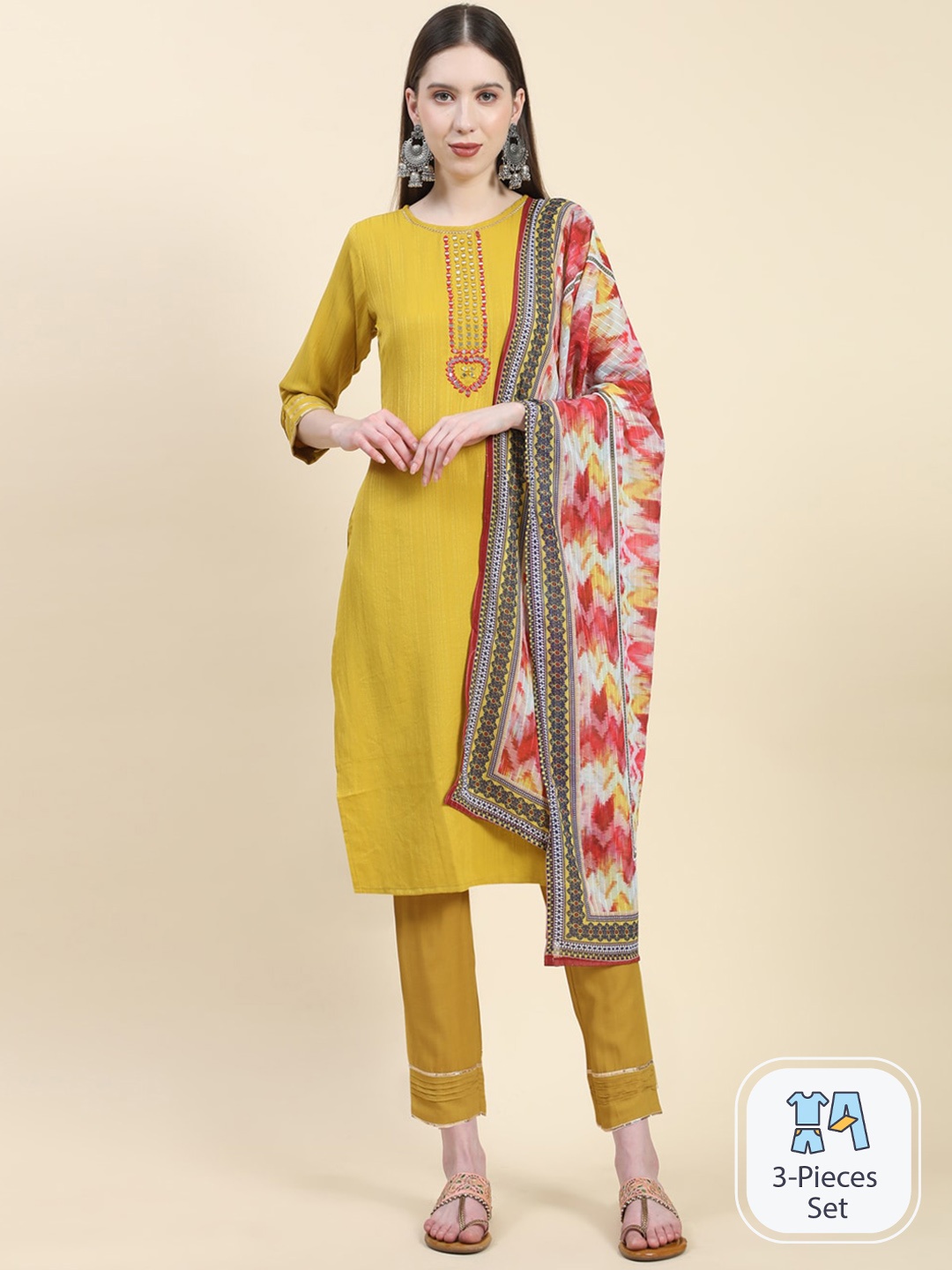

Growish Striped Mirror Work Straight Kurta with Trousers & Dupatta, Yellow