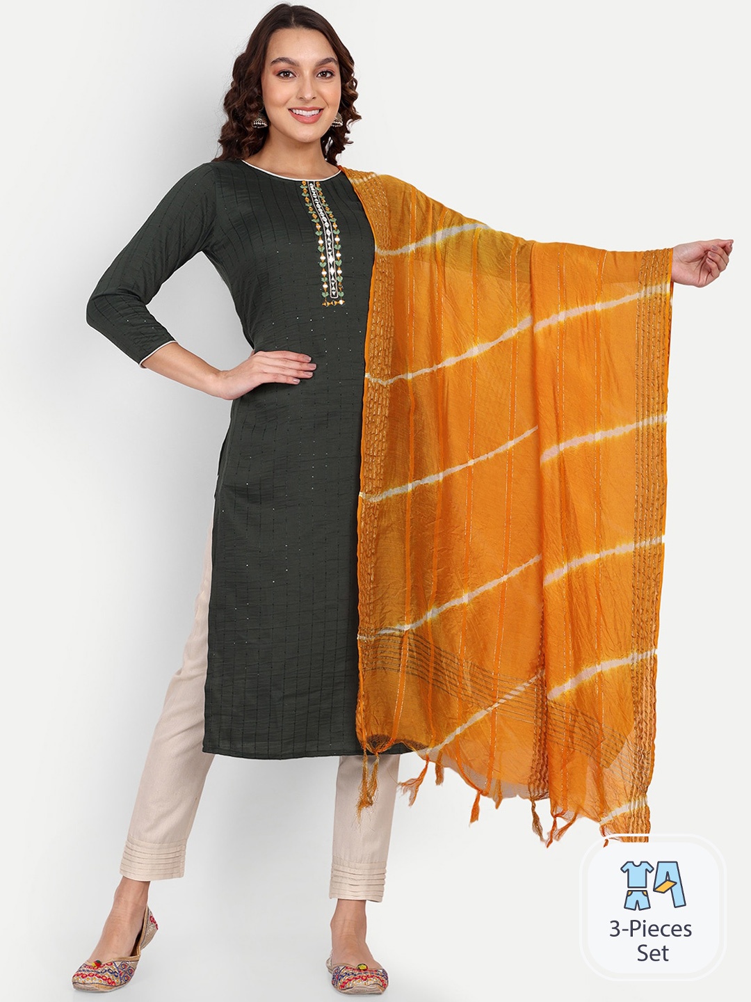 

Growish Striped Mirror Work Straight Kurta & Trouser With Dupatta, Green