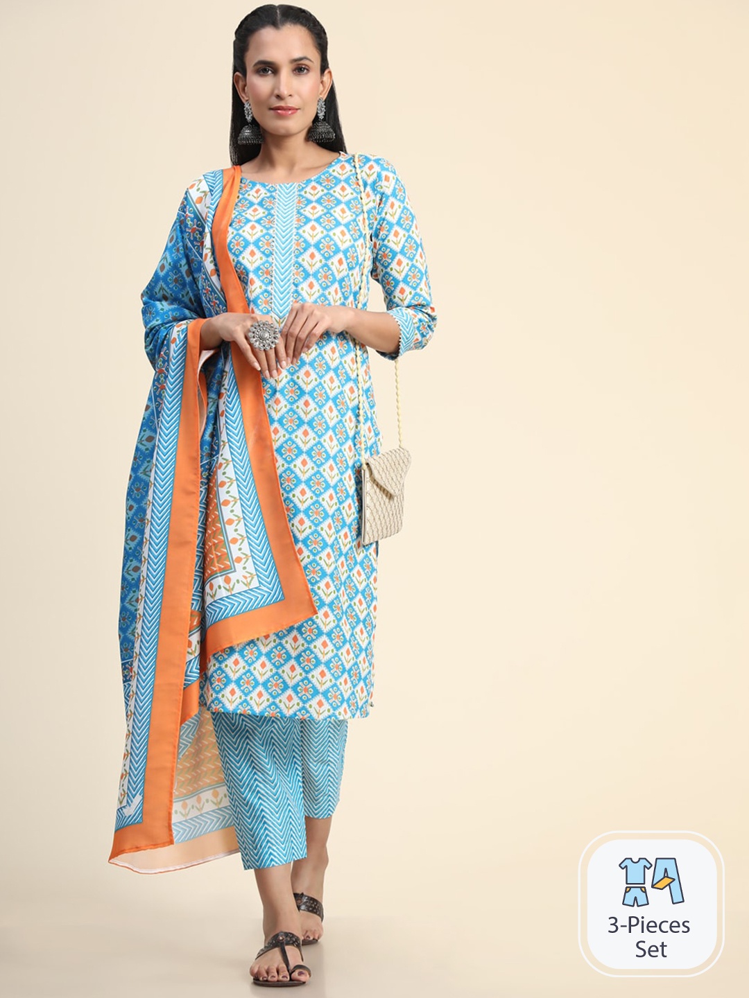 

Growish Ethnic Motifs Printed Gotta Patti Straight Kurta & Trouser With Dupatta, Blue