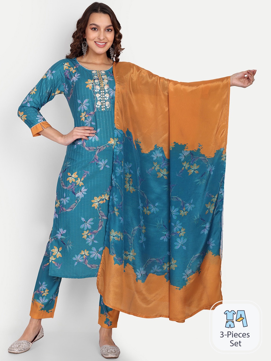 

Growish Floral Printed Mirror Work Straight Kurta & Trouser With Dupatta, Blue