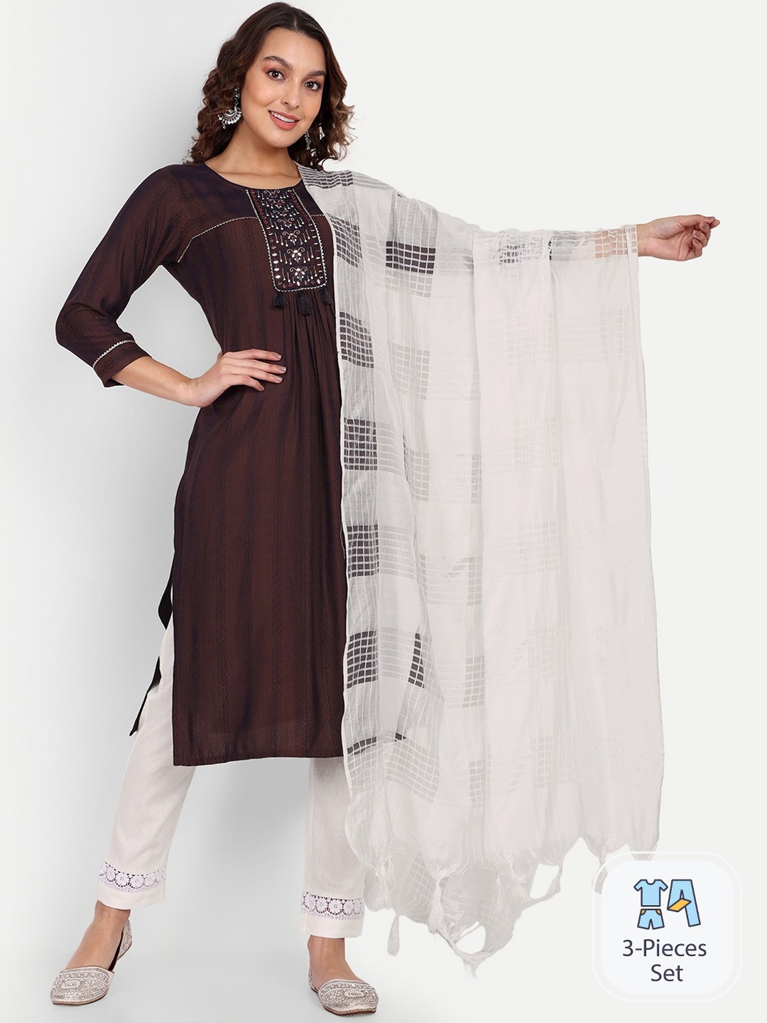 

Growish Ethnic Motifs Embroidered Mirror Work Kurta with Trousers & Dupatta, Brown
