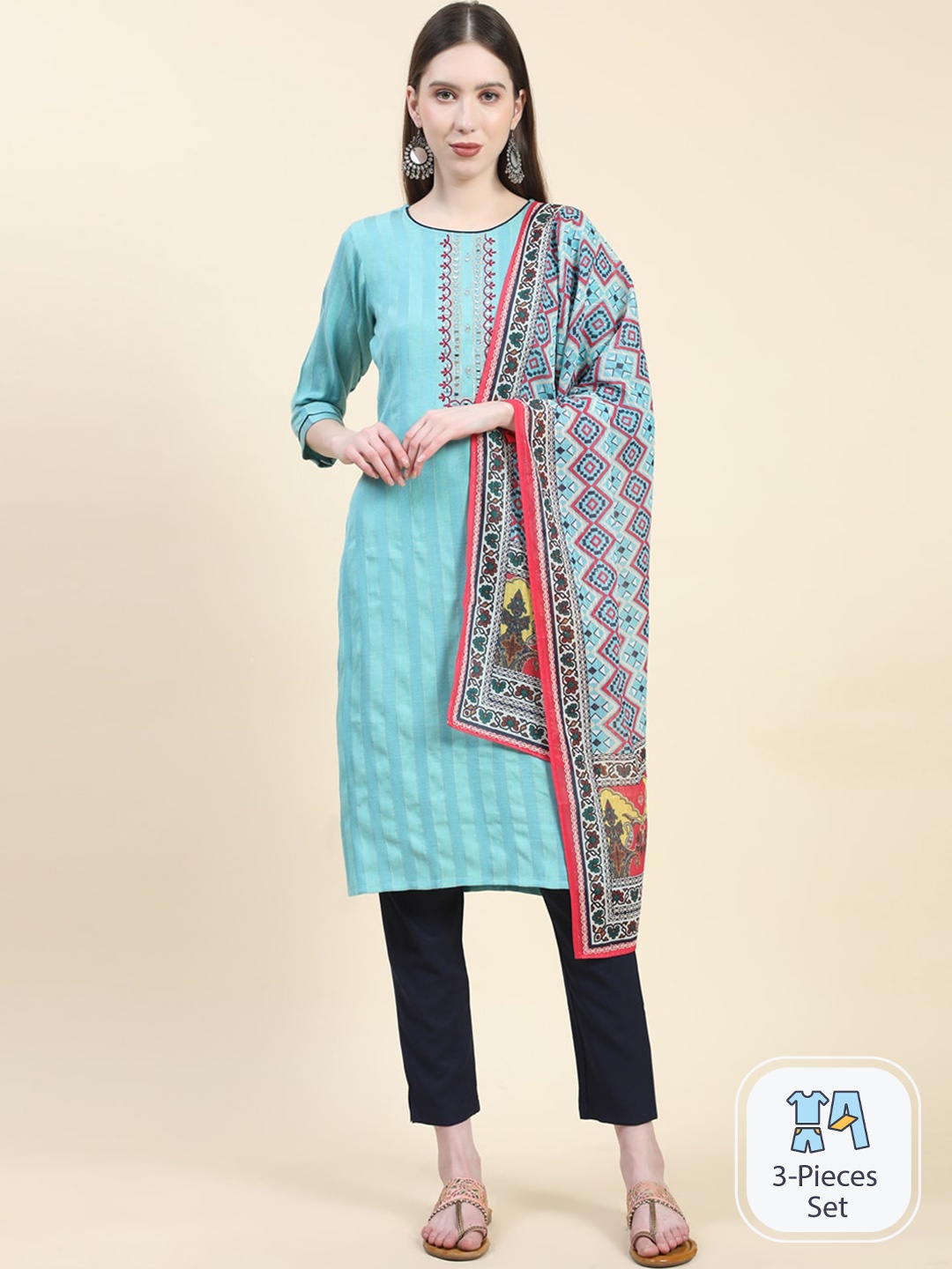 

Growish Striped Mirror Work Straight Kurta & Trouser With Dupatta, Blue