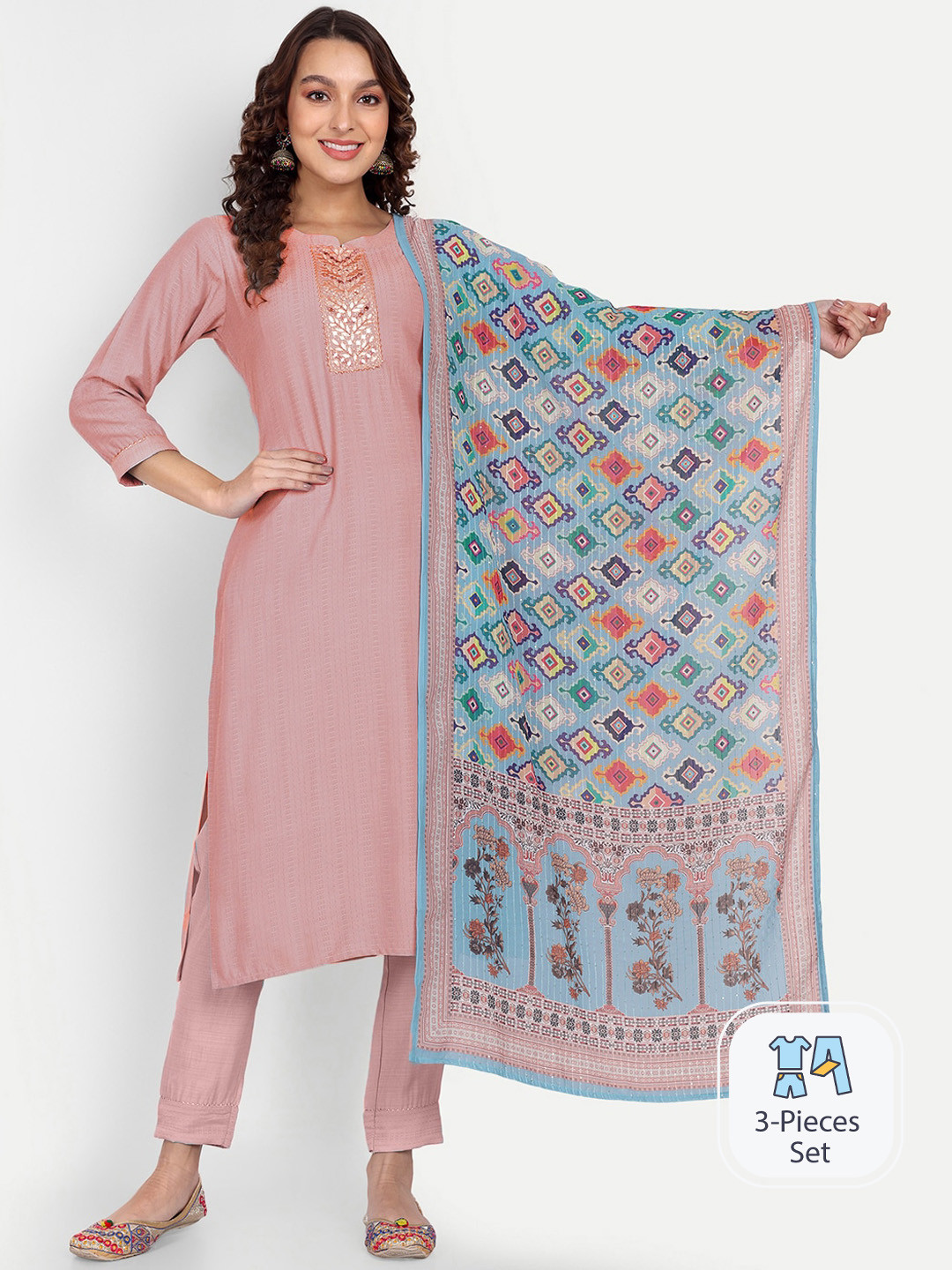 

Growish Geometric Woven Design Mirror Work Straight Kurta & Trouser With Dupatta, Pink