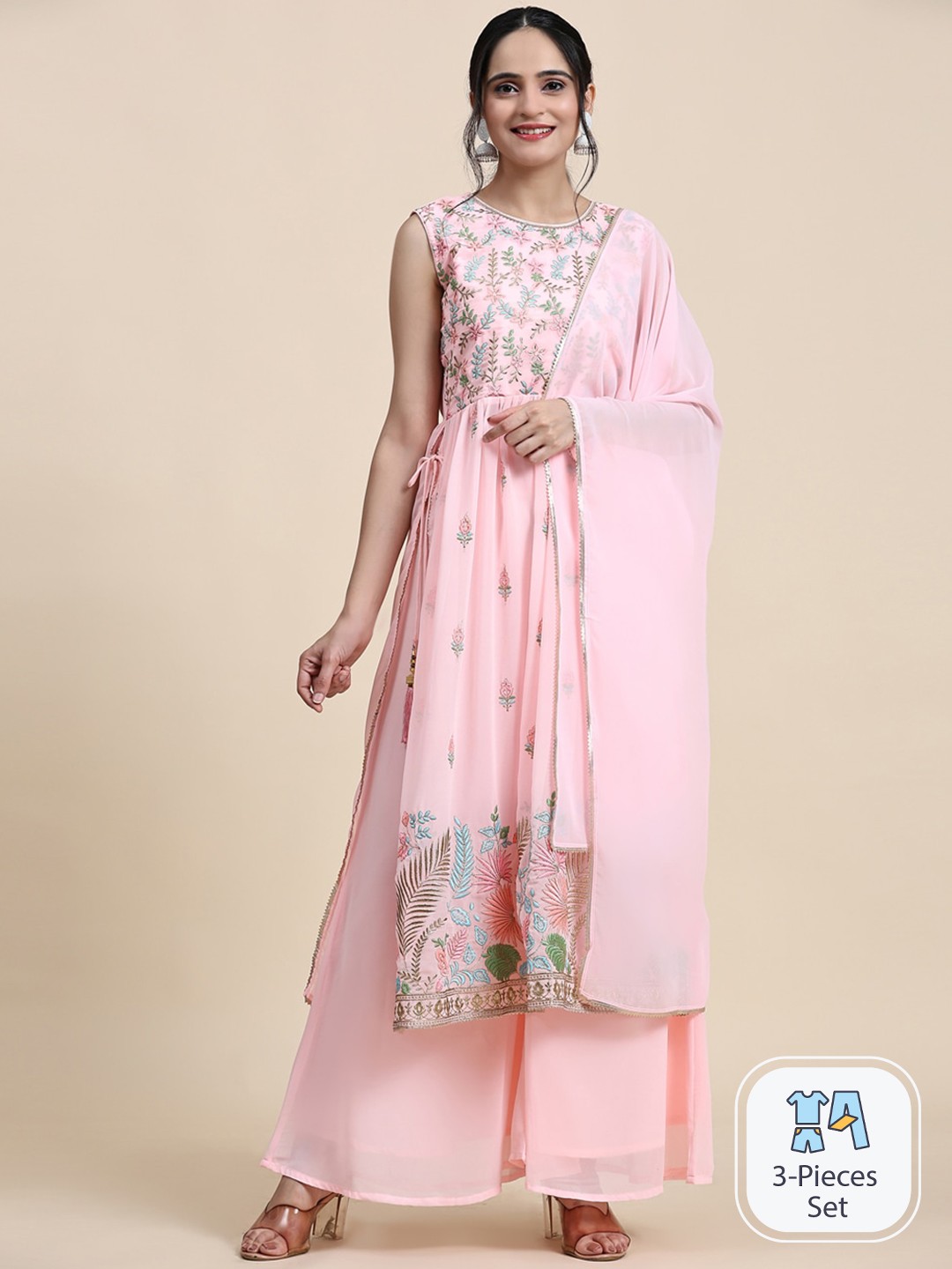 

Growish Floral Embroidered Straight Kurta & Palazzos With Dupatta, Pink