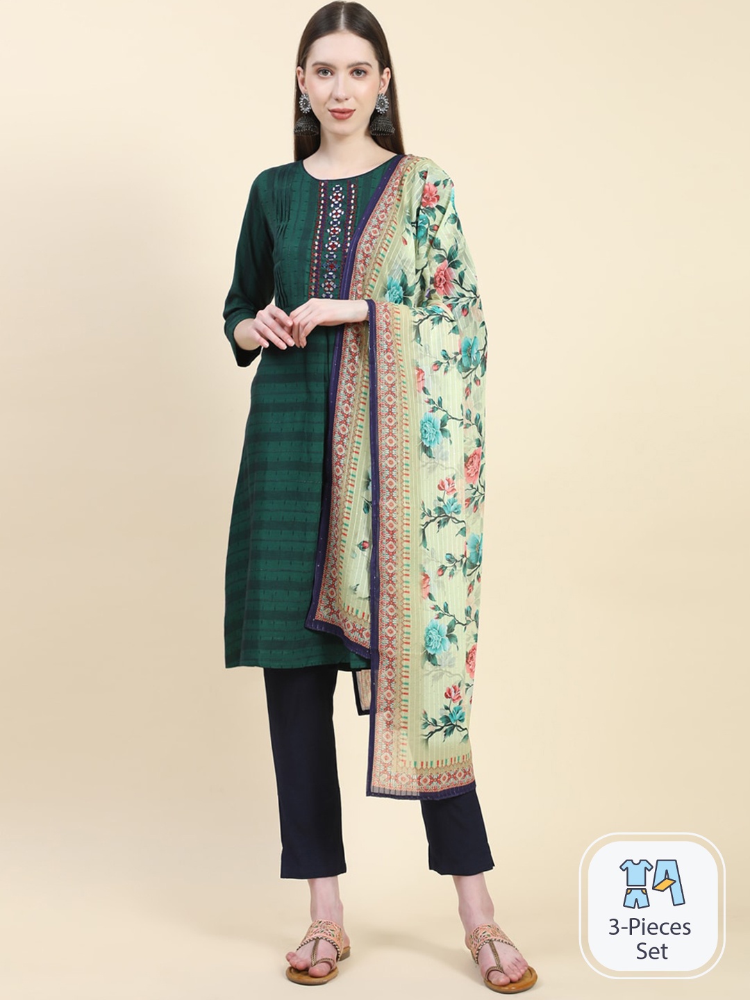 

Growish Striped Mirror Work A-Line Kurta & Trouser With Dupatta, Green
