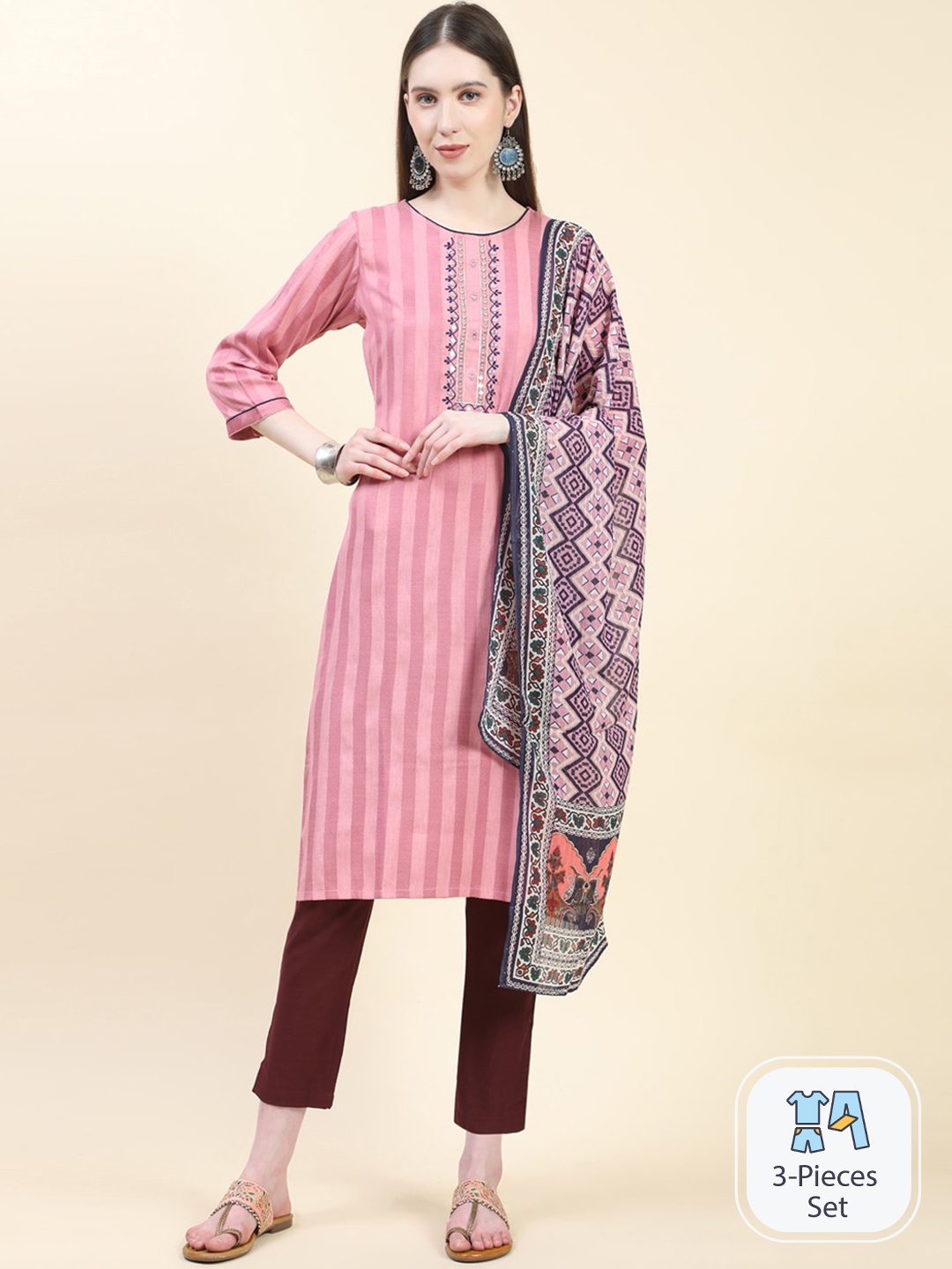 Growish Striped Mirror Work Straight Kurta & Trouser With Dupatta, Pink