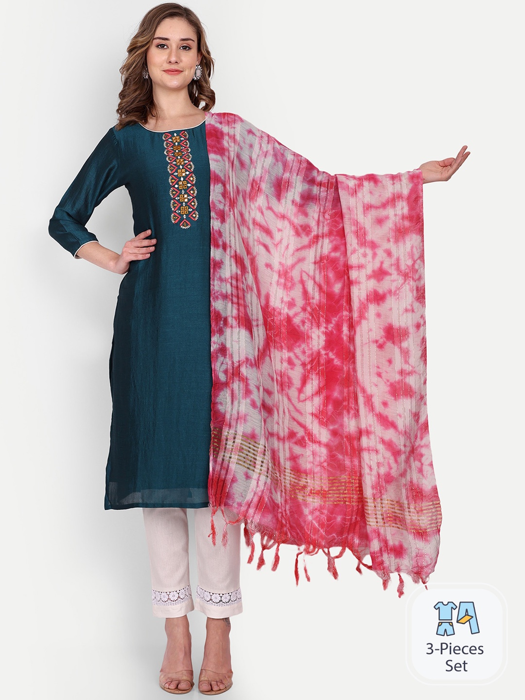 

Growish Ethnic Motifs Yoke Design Regular Kurta With Trousers & Dupatta, Teal