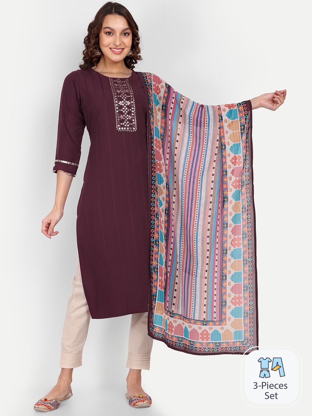 Growish Striped Mirror Work Straight Kurta & Trouser With Dupatta, Purple