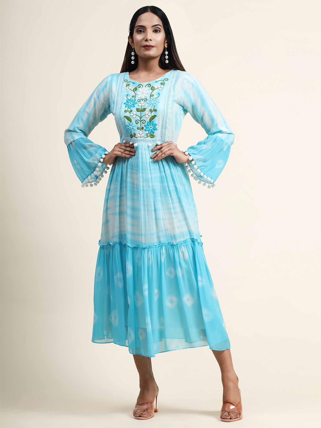 

Growish Tie And Dyed Bell Sleeve Georgette A-Line Midi Dress, Blue