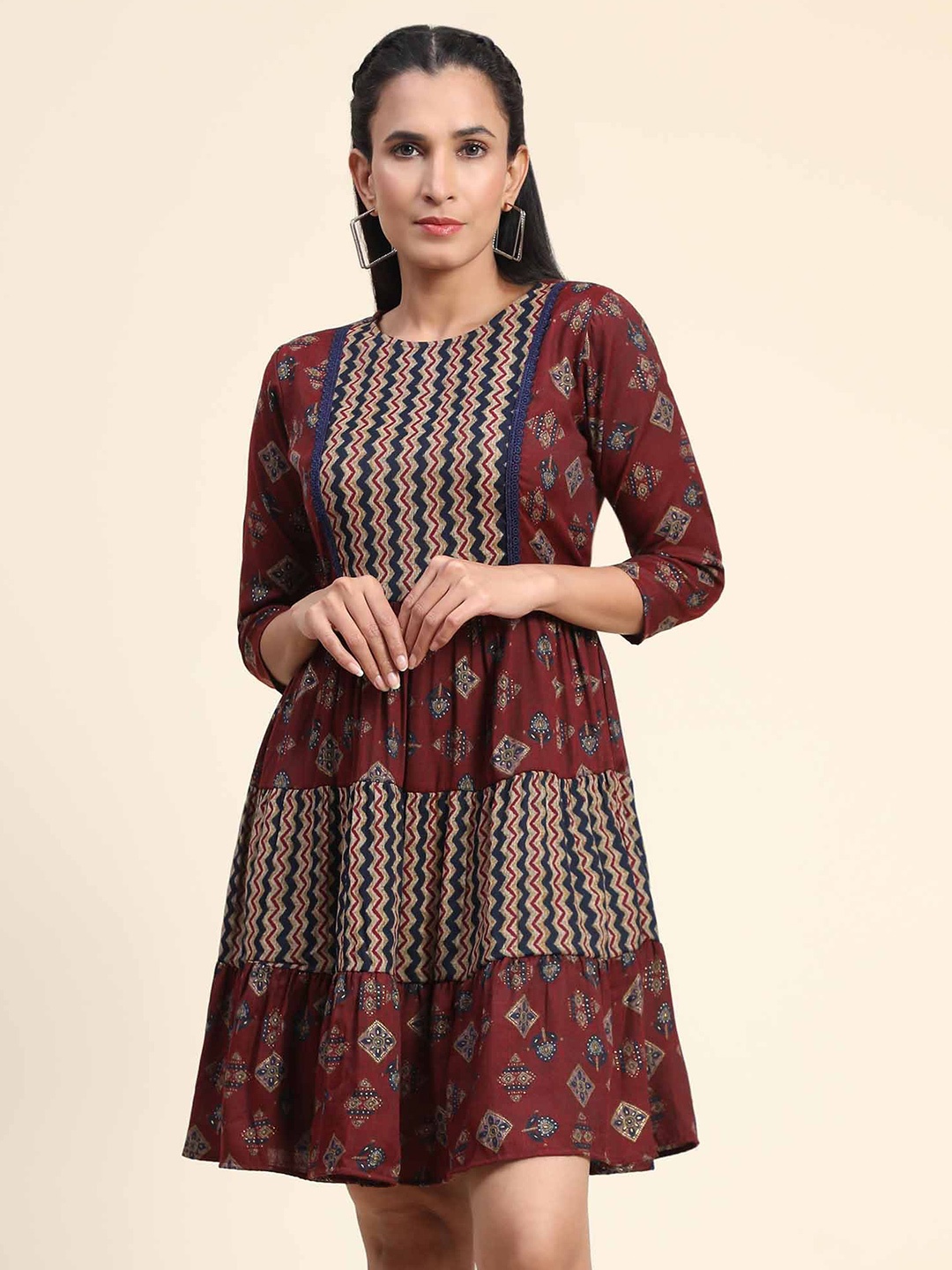 

Growish Ethnic Motifs Printed Cotton Fit & Flare Dress, Maroon