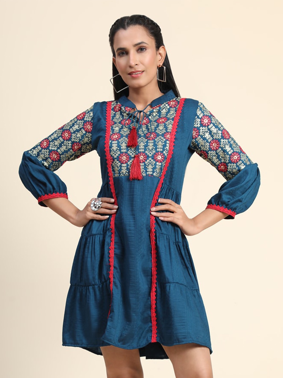 

Growish Floral Embroidered Tie Up Neck Cotton A-Line Dress, Blue