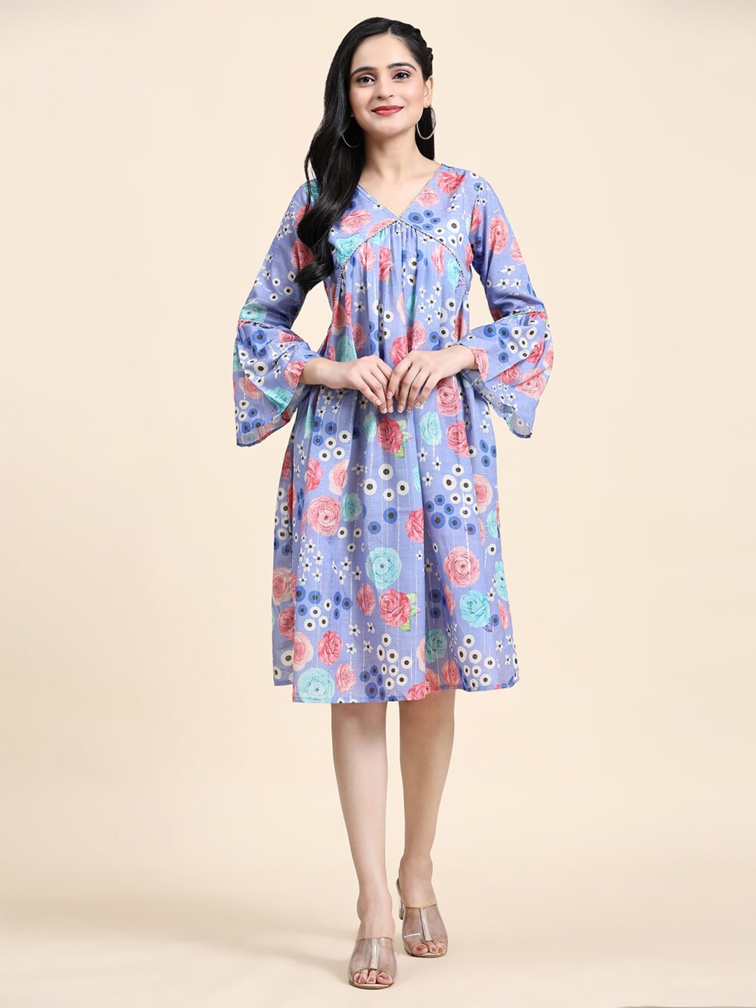 

Growish Floral Printed Bell Sleeves A-Line Dress, Blue