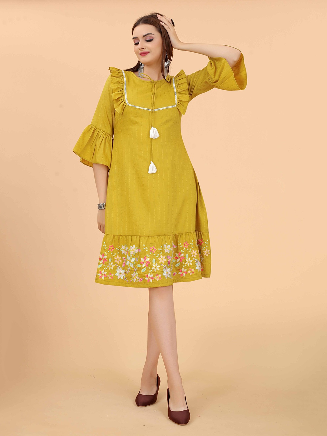 

Growish Floral Embroidered Ruffled Bell Sleeve Cotton A-Line Dress, Yellow