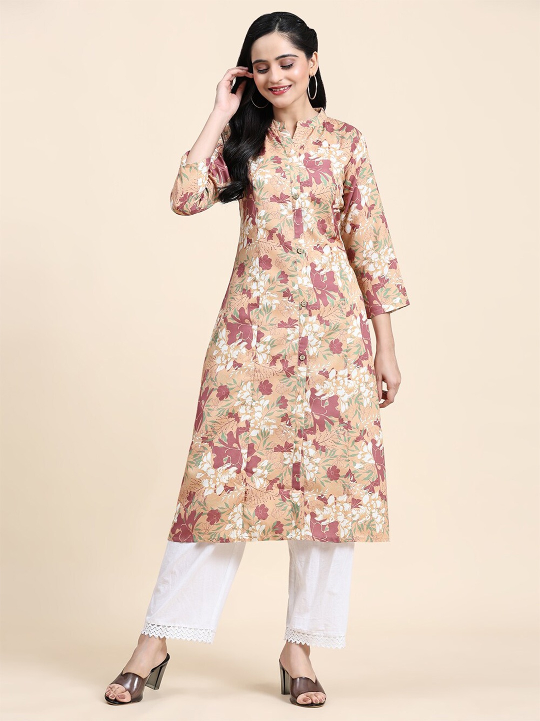 

Growish Floral Printed Straight Cotton Kurta, Beige