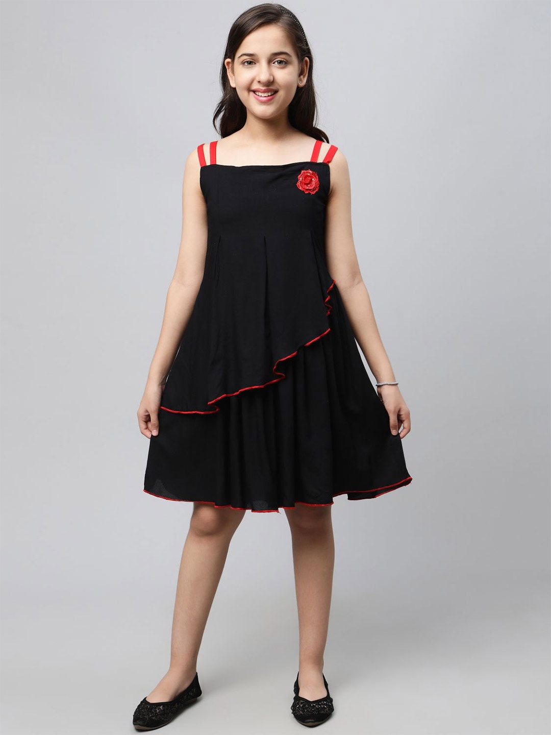 

BAESD Shoulder Strap Neck Layered Fit And Flare Dress, Black