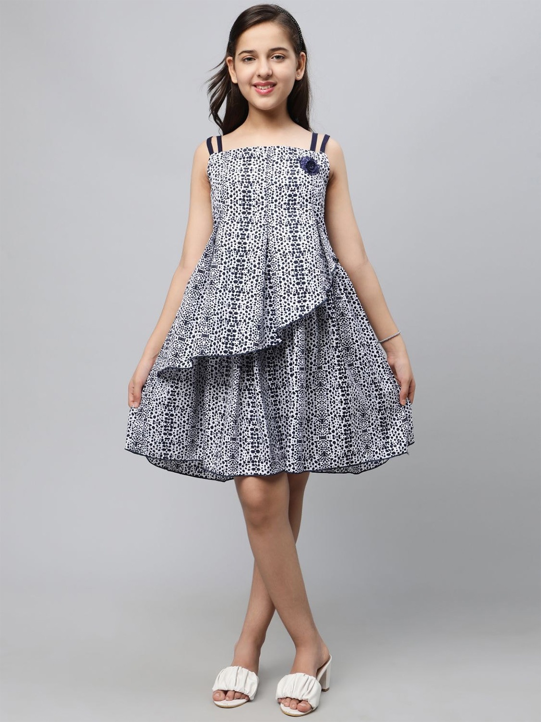 

BAESD Abstract Printed Shoulder Straps Layered Fit & Flare Dress, Navy blue