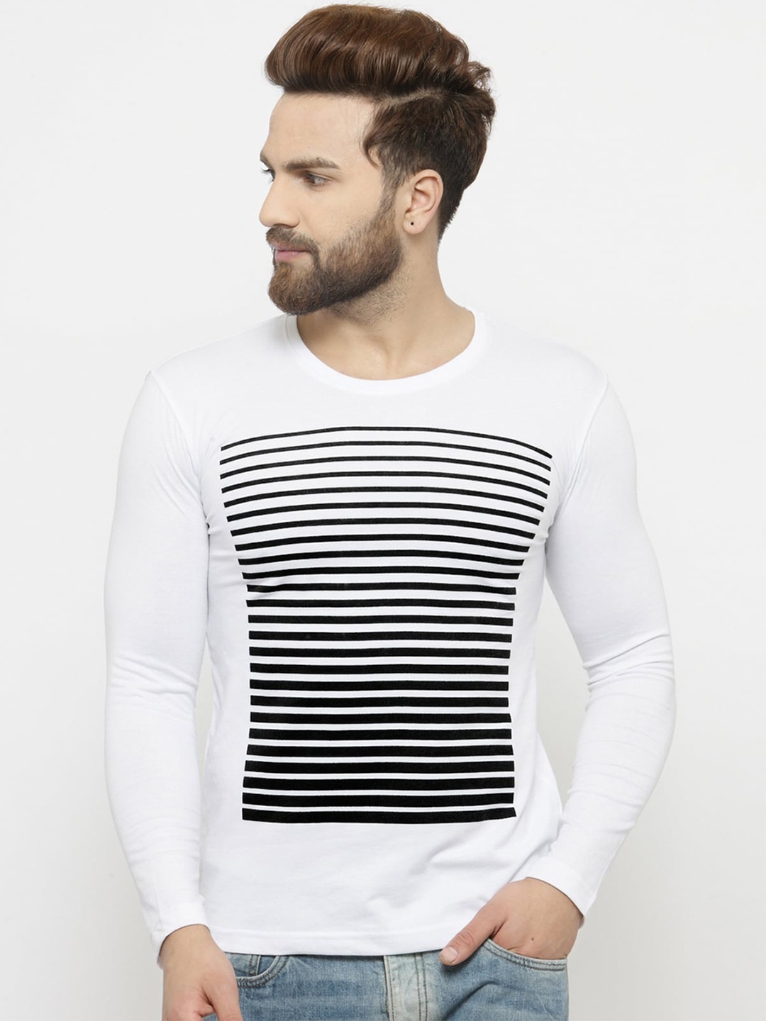 

GESPO Geometric Printed Long Sleeves Cotton T-shirt, White