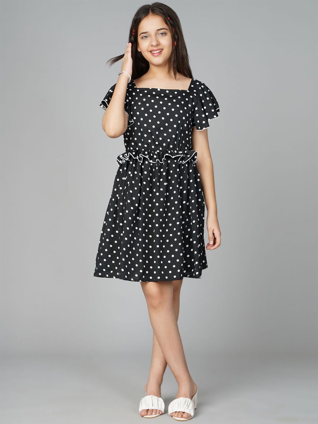 

BAESD Polka Dot Printed Flutter Sleeve Ruffled Fit & Flare Dress, Black