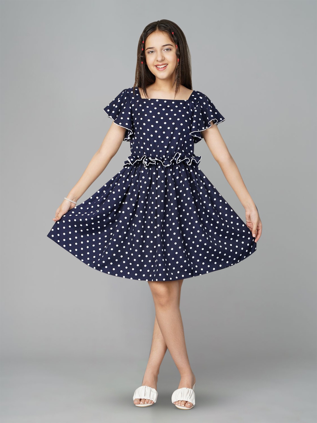 

BAESD Girls Polka Dot Printed Flutter Sleeve Ruffled Fit & Flare Dress, Navy blue