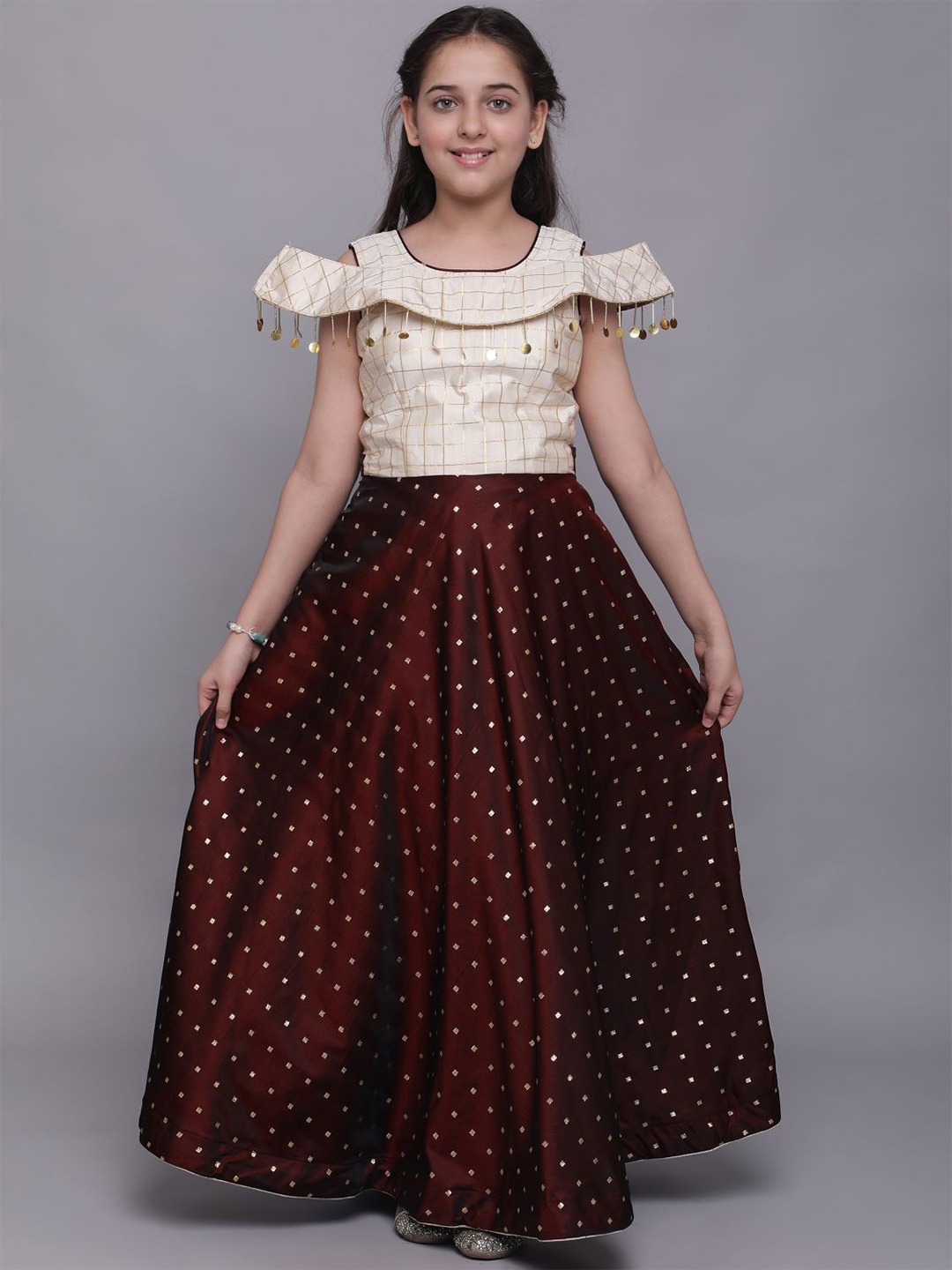 

BAESD Polka Dot Printed Cold-Shoulder Silk Maxi Dress, Maroon