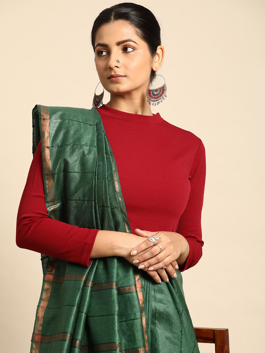

Taavi Striped Zari Silk Blend Bhagalpuri Saree, Green
