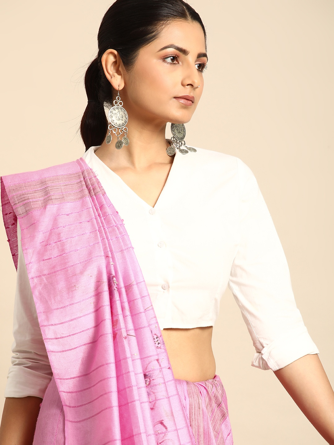 

Taavi Floral Zari Silk Blend Bhagalpuri Saree, Pink
