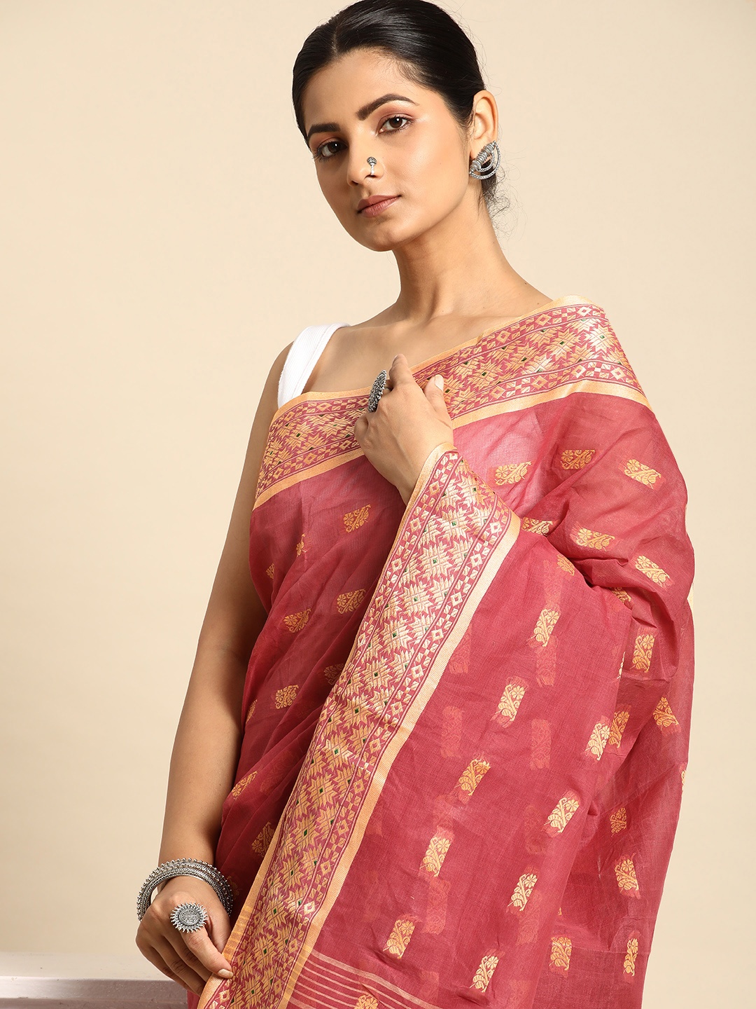 

Taavi Ethnic Motifs Zari Pure Cotton Taant Saree, Pink