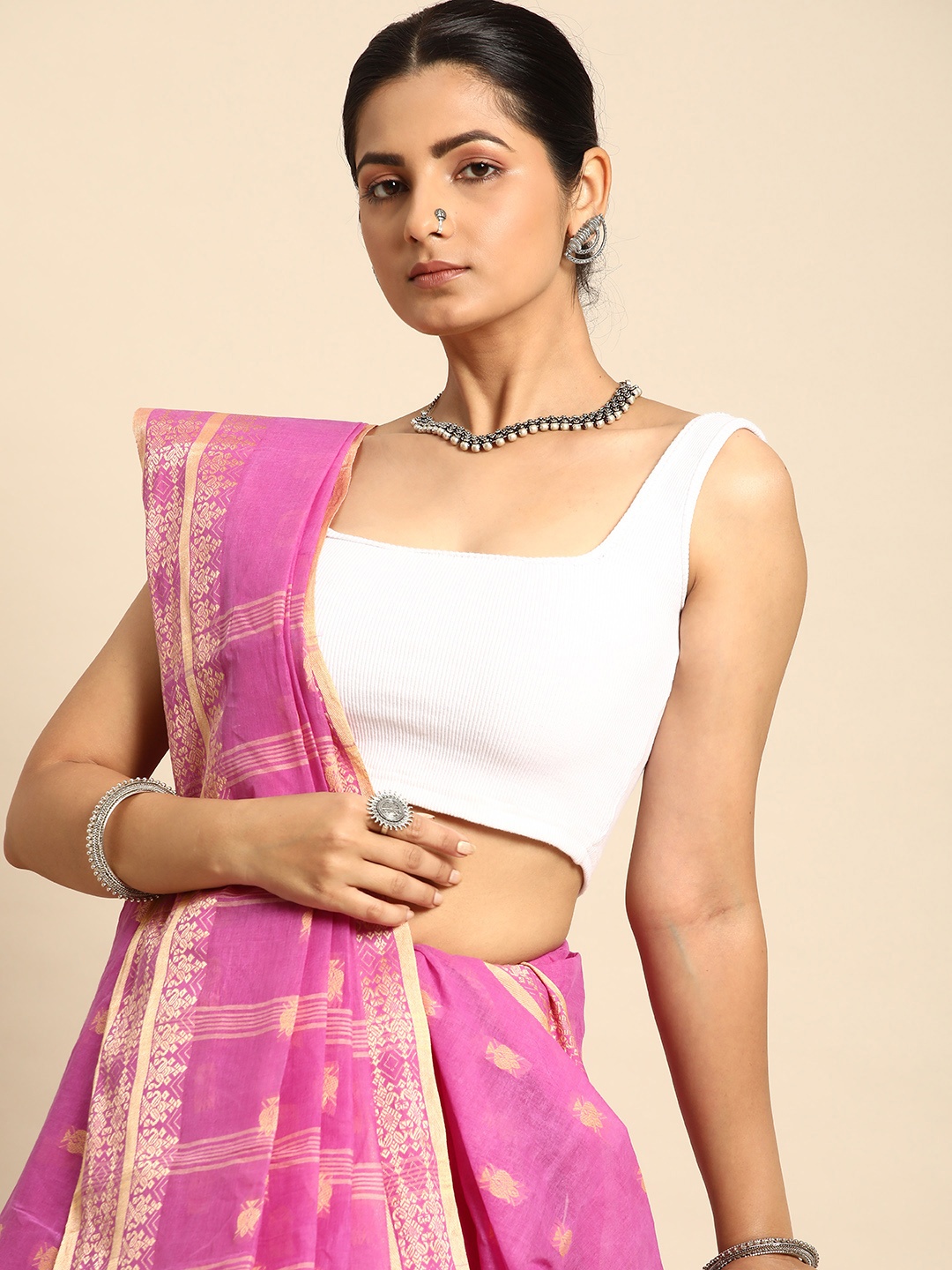 

Taavi Ethnic Motifs Zari Pure Cotton Taant Saree, Pink