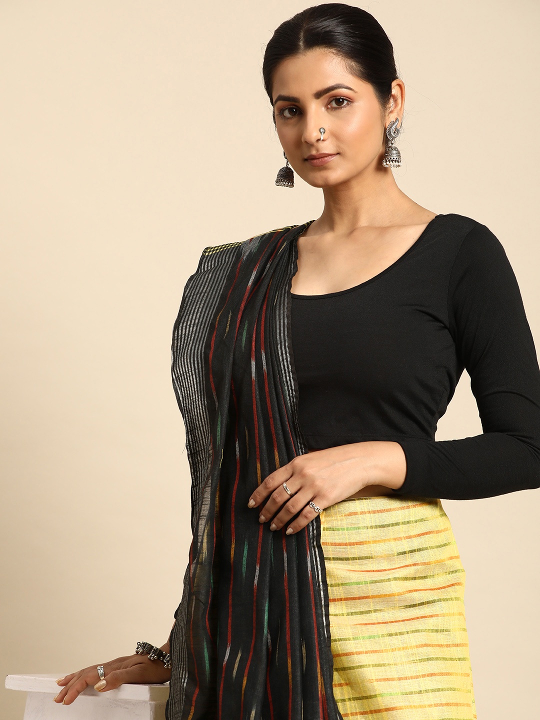 

Taavi Striped Zari Pure Cotton Half and Half Ikat Saree, Yellow