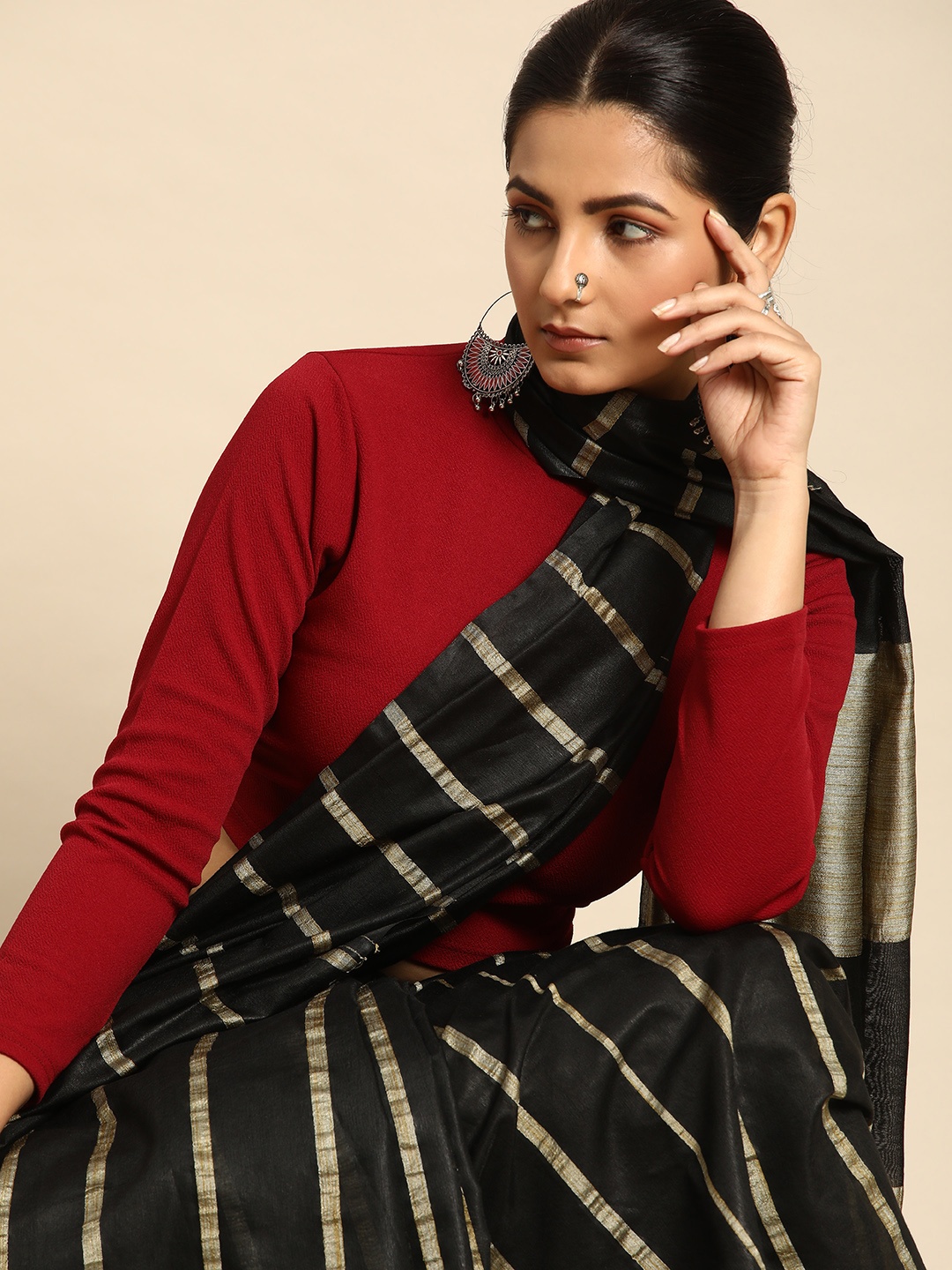 

Taavi Striped Zari Silk Blend Bhagalpuri Saree, Black
