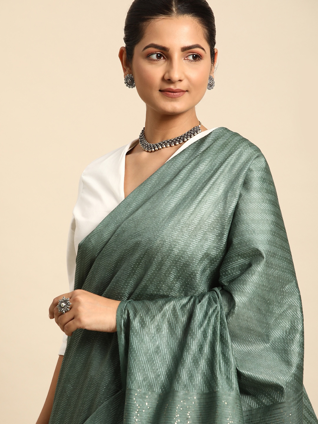 

Taavi Striped Woven Design Zari Bhagalpuri Saree, Green