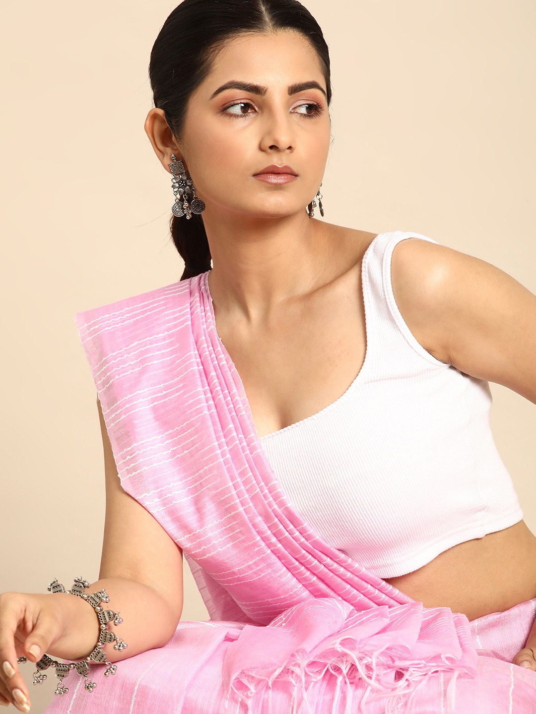 

Taavi Striped Woven Design Bhagalpuri Saree, Pink