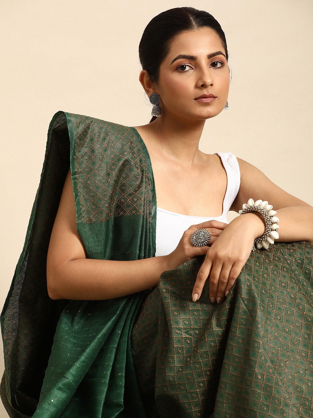 

Taavi Zari Silk Blend Bhagalpuri Saree, Green