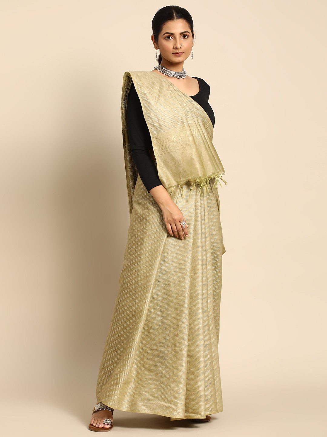 

Taavi Striped Woven Design Zari Bhagalpuri Saree, Green