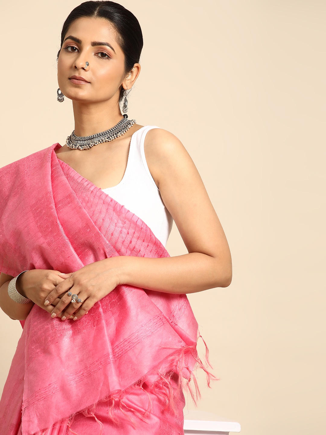 

Taavi Woven Design Zari Bhagalpuri Saree, Pink