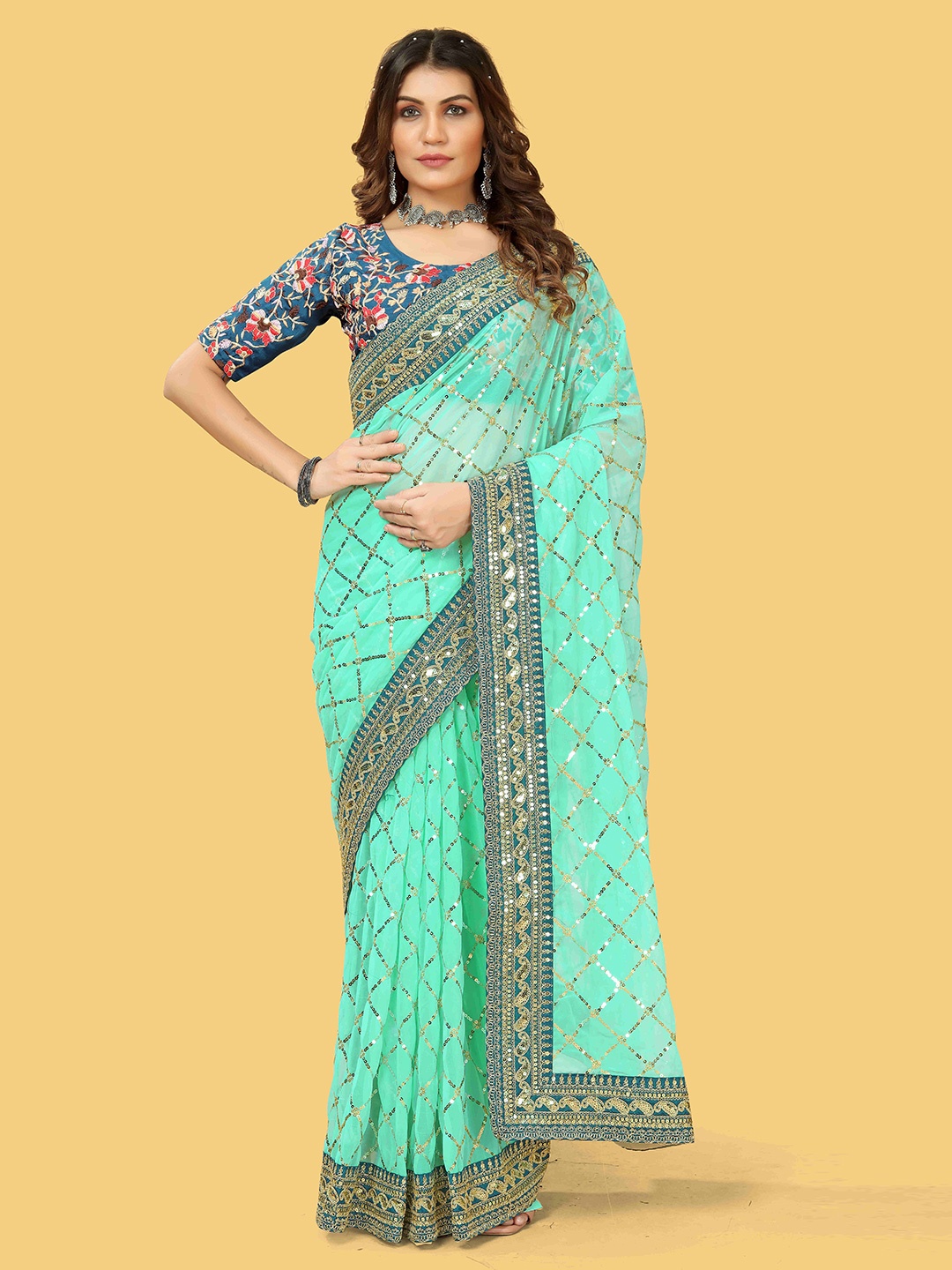 

Munir Checked Sequinned Saree, Blue