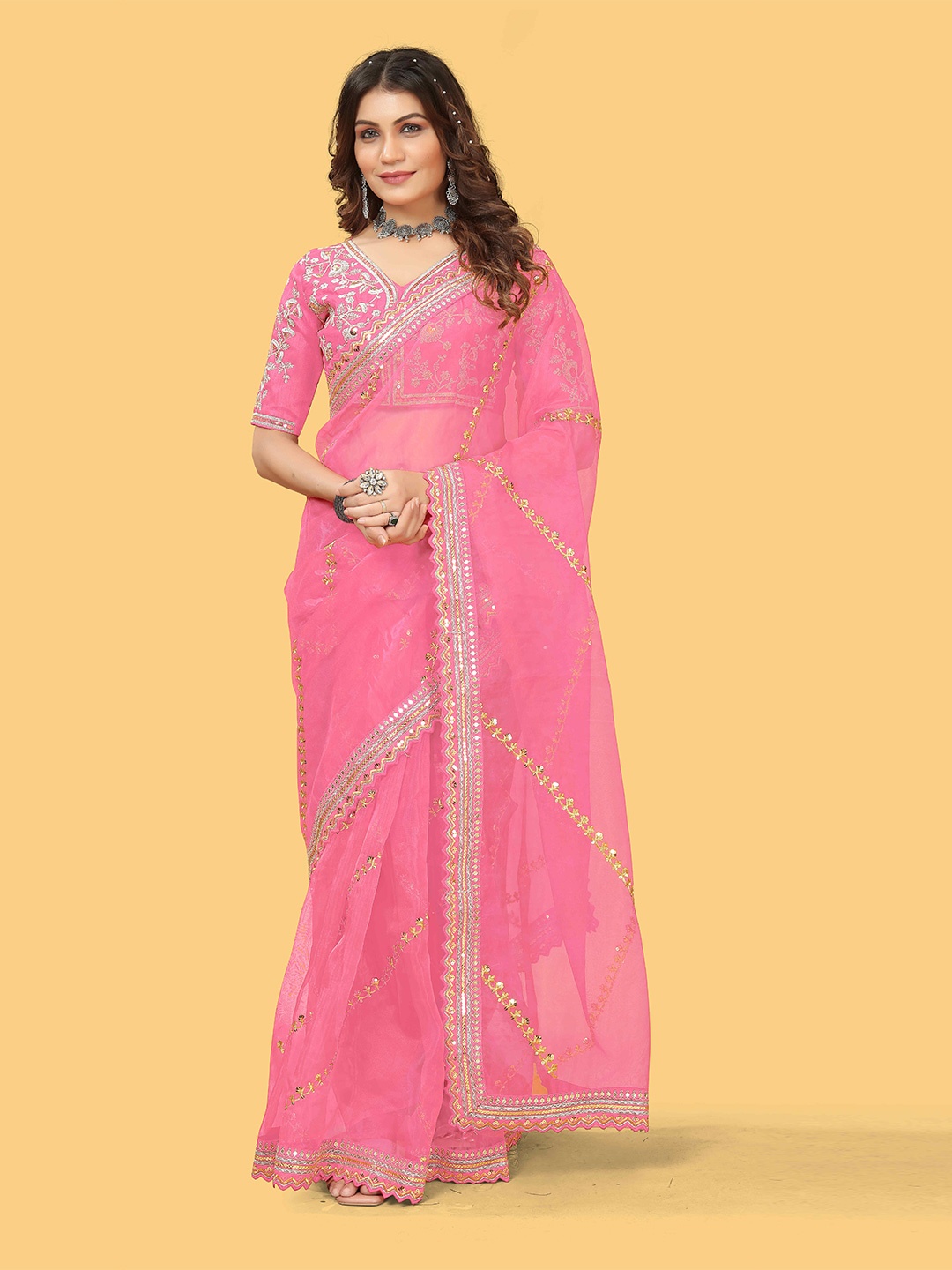 

Munir Ethnic Motifs Embroidered Sequinned Organza Leheriya Saree, Pink