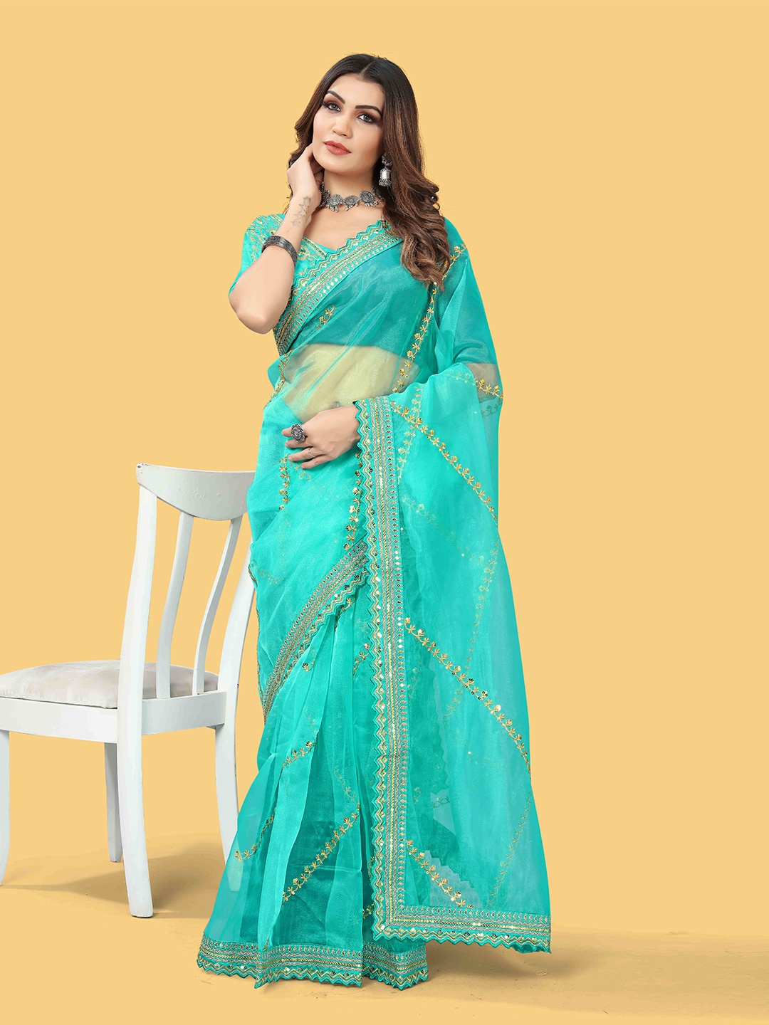 

Munir Ethnic Motifs Embroidered Sequinned Organza Leheriya Saree, Turquoise blue