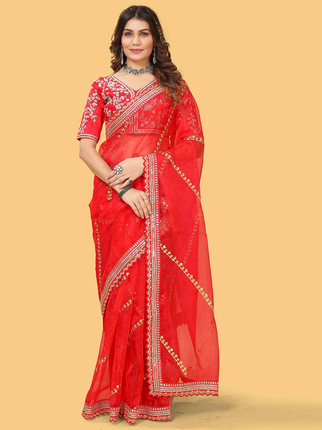 

Munir Ethnic Motifs Embroidered Sequinned Organza Leheriya Saree, Red