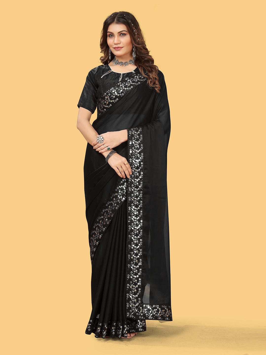 

Munir Sequin Detailed Saree, Black