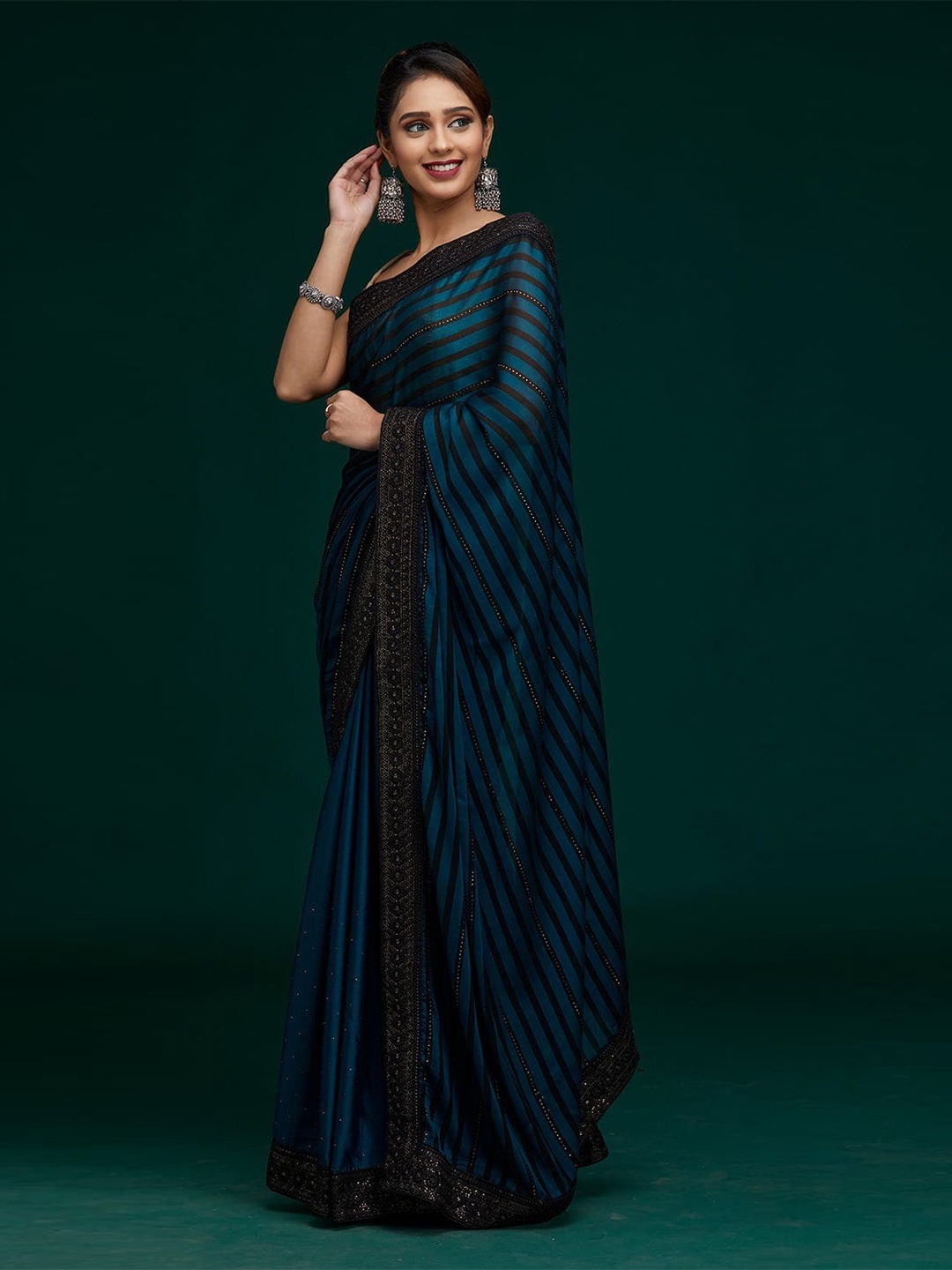 

Munir Striped Beads and Stones Saree, Navy blue