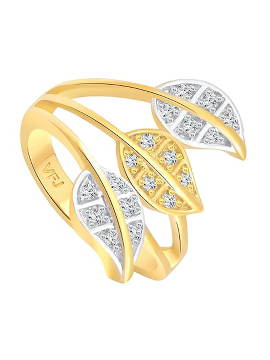 

Vighnaharta Gold-Plated CZ-Studded Three Leaf Finger Ring