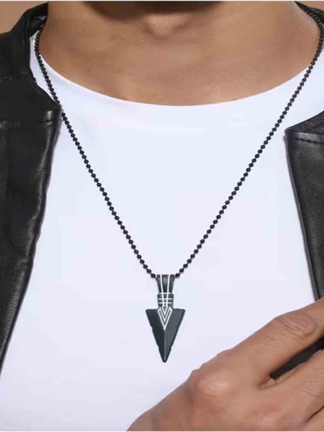 

AkashKrishna Men Silver Plated Stainless Steel Arrow Rocking Pendant With Chain, Black